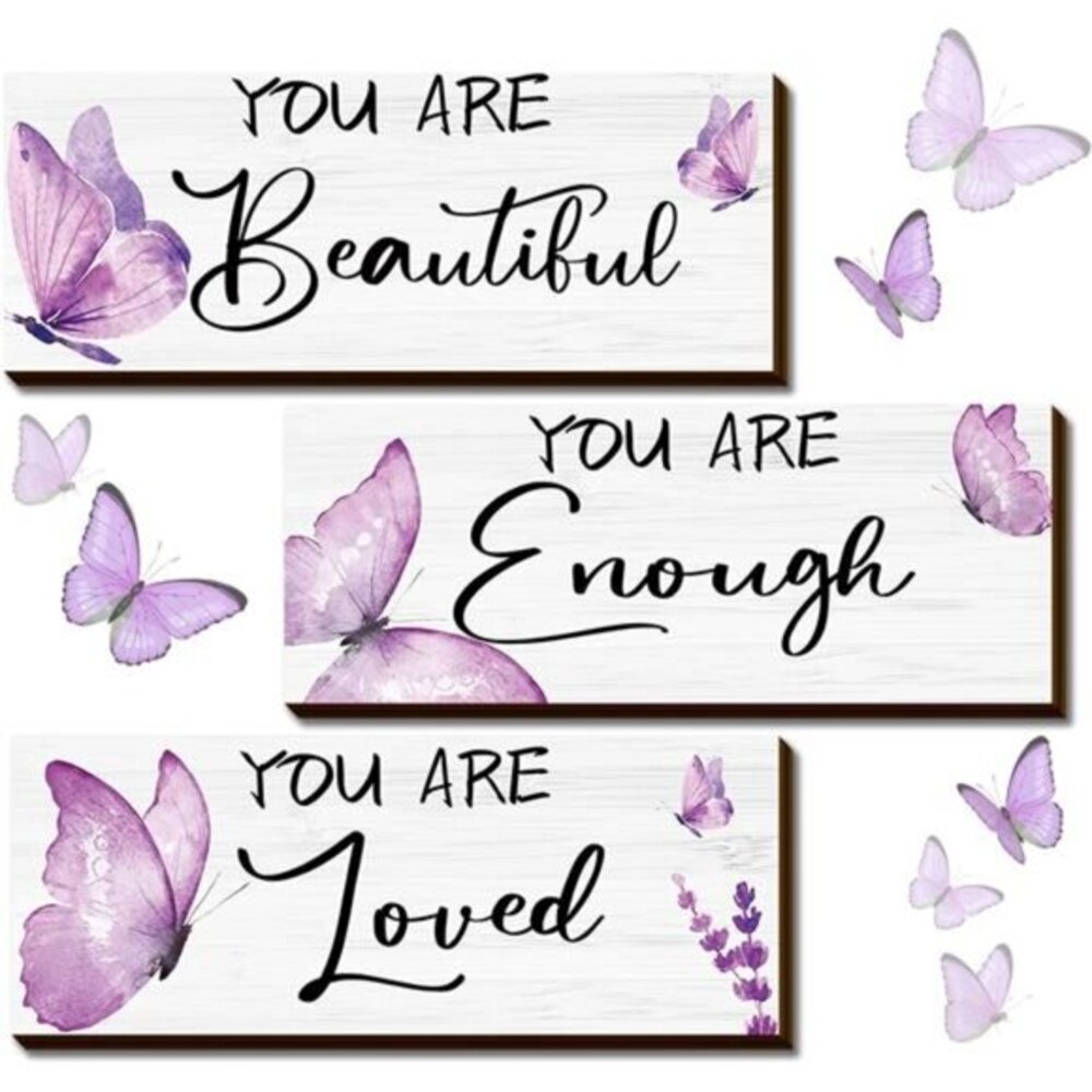 3 Pcs Butterfly Wooden Hanging Wall Art Positive Quotes Purple 9.84 x 3.94 Inch